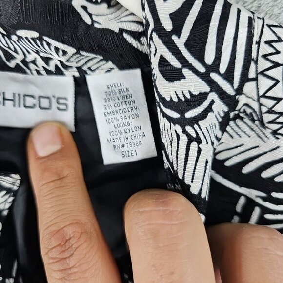 Chico's Jacket Womens Size M Silk Linen Black White Floral Print Embroidered - Picture 4 of 7
